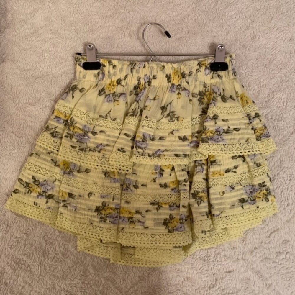 Aerie Rock 'n' Ruffle Printed Mini Skirt in Floral Mist Green/Yellow/Blue- Small